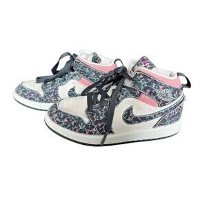 Girls Jordan 1 Mid SE Preschool Shoes, Youth Size 1, Floral, White, Gray, Pink